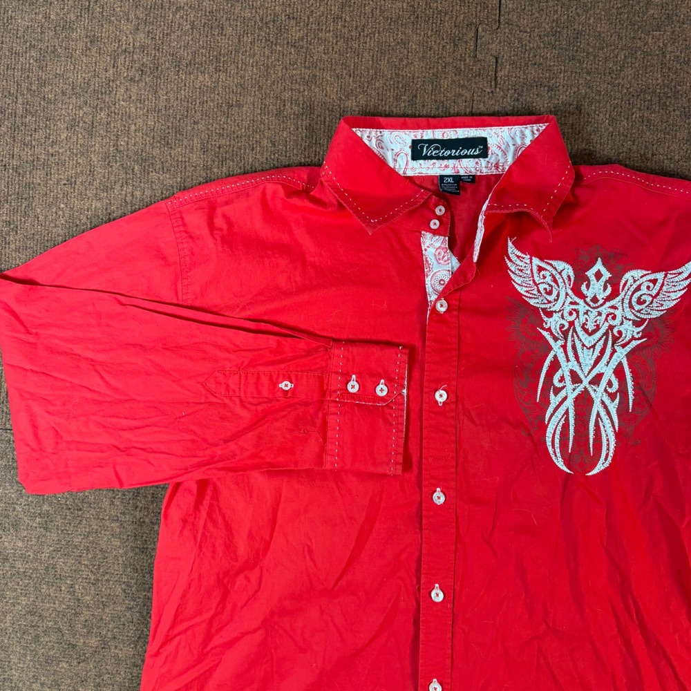 A- Victorious Mens Red Tribal Phoenix Graphic Button Down Shirt Paisley Trim 2XL